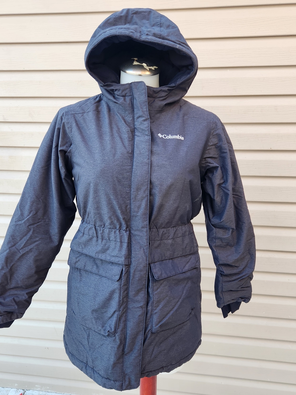 Columbia Navy Hooded Kids Parka Jacket Omniheat Grey LARGEB 14/16